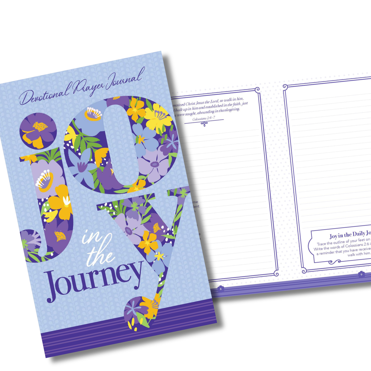 Floral 'Joy in the Journey' devotional prayer journal with open pages showing text by CTA Christ to All & CTA Publishing.