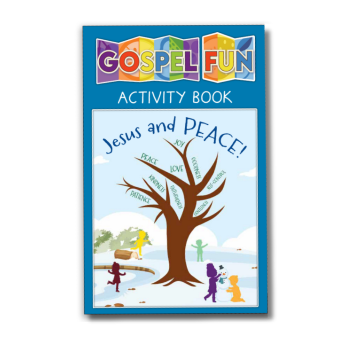 Gospel Fun Activity Book cover with a tree and children illustration on a blue background by CTA Christ to All & CTAKids.