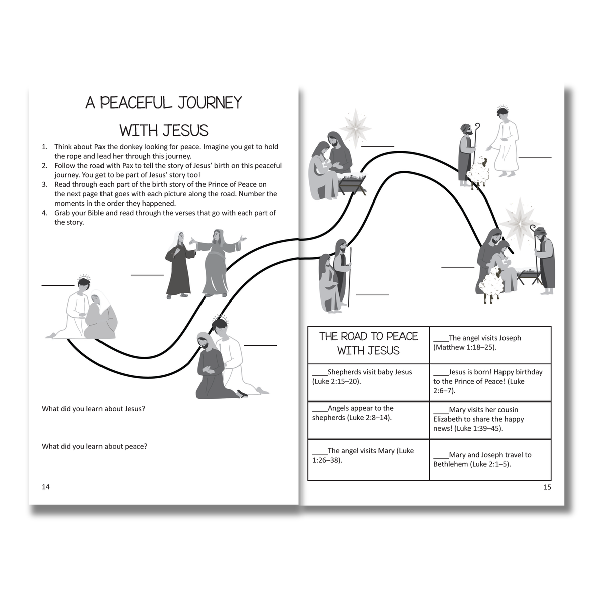 Illustrated book page about a peaceful journey with Jesus, showing characters and events along a path by CTA Christ to All and CTAKids.