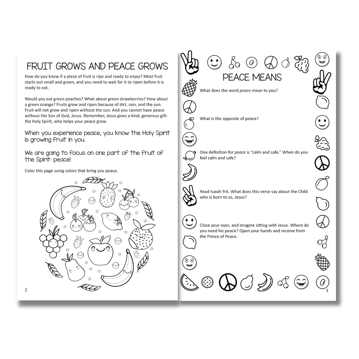 Educational book page about fruit and peace with illustrations and text by CTA Christ to All and CTAKids.