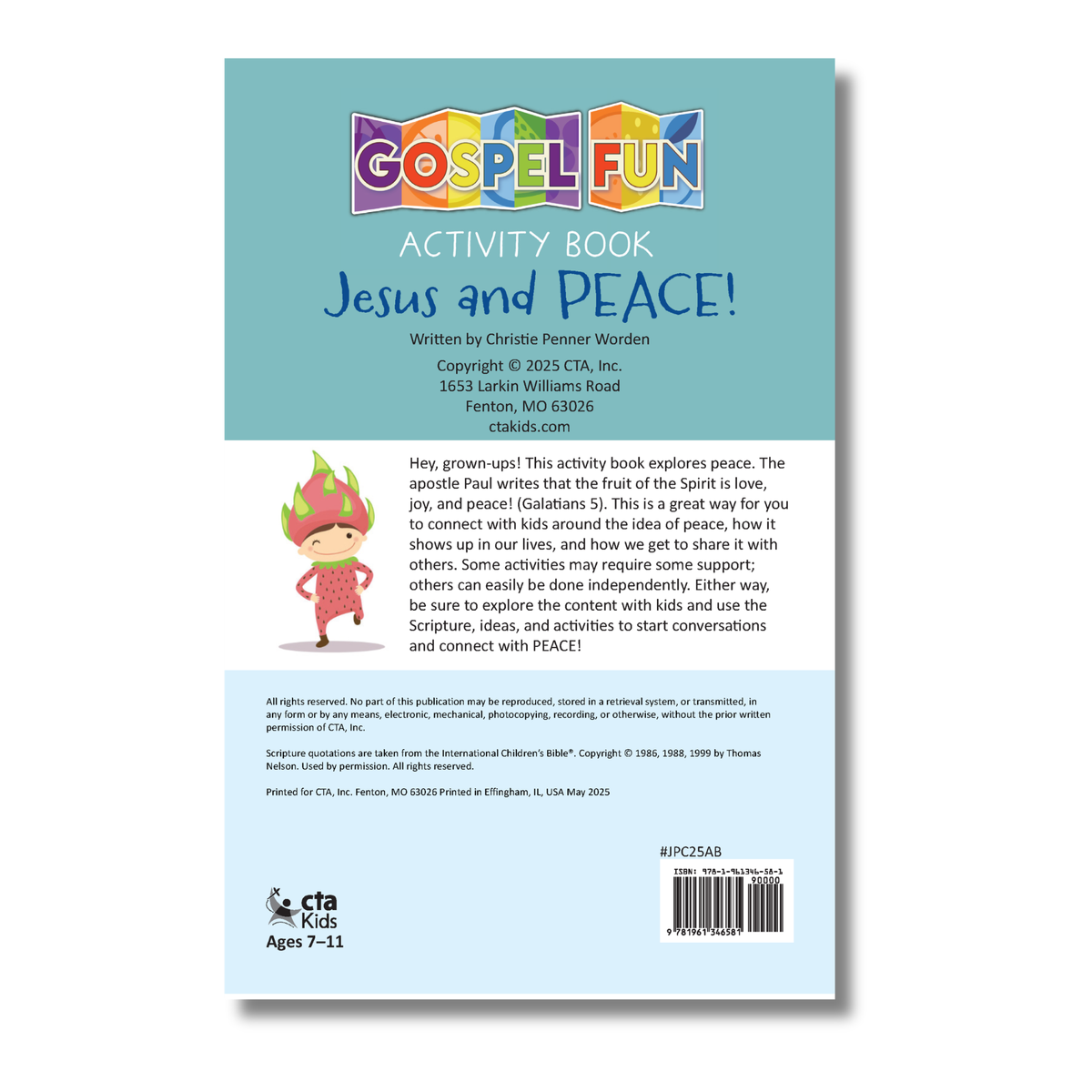 Back cover of a Gospel Fun activity book titled 'Jesus and PEACE!' with colorful text and a child illustration by CTA Christ to All and CTAKids.