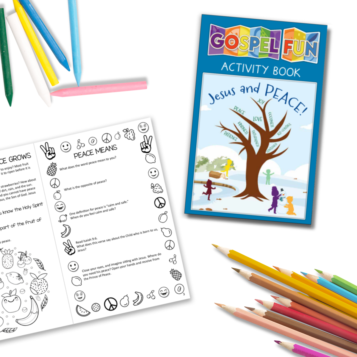 Gospel Fun activity book titled 'Jesus and Peace' with coloring pages and pencils on a white background by CTA Christ to All and CTAKids.