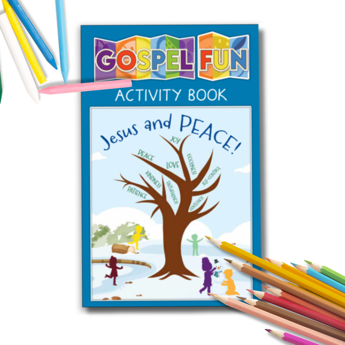 Gospel Fun Activity Book titled 'Jesus and Peace' with colored pencils on a white background by CTA Christ to All and CTAKids.