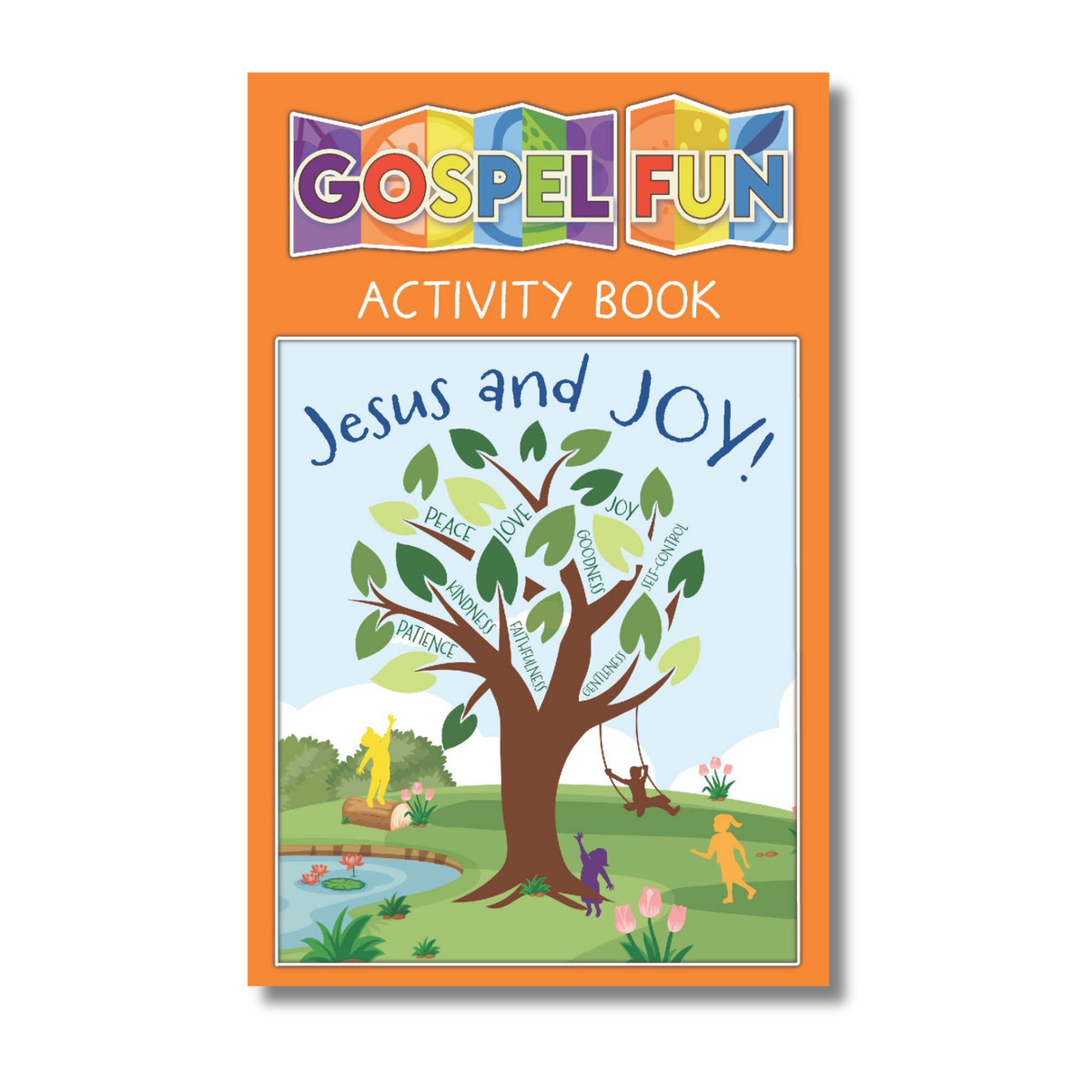 Gospel Fun Activity Book titled 'Jesus and Joy' with a colorful cover featuring children playing around a tree by CTA Christ to All & CTAKids.