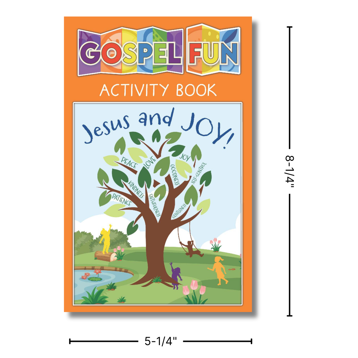 Gospel Fun Activity Book titled 'Jesus and Joy' with a tree illustration and children playing, on an orange background by CTA Christ to All & CTAKids.