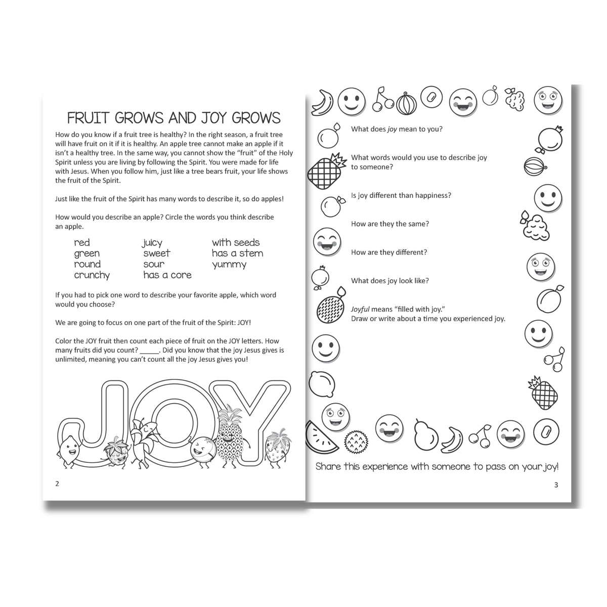 Educational book page about joy with illustrations and text on a white background by CTA Christ to All & CTAKids.