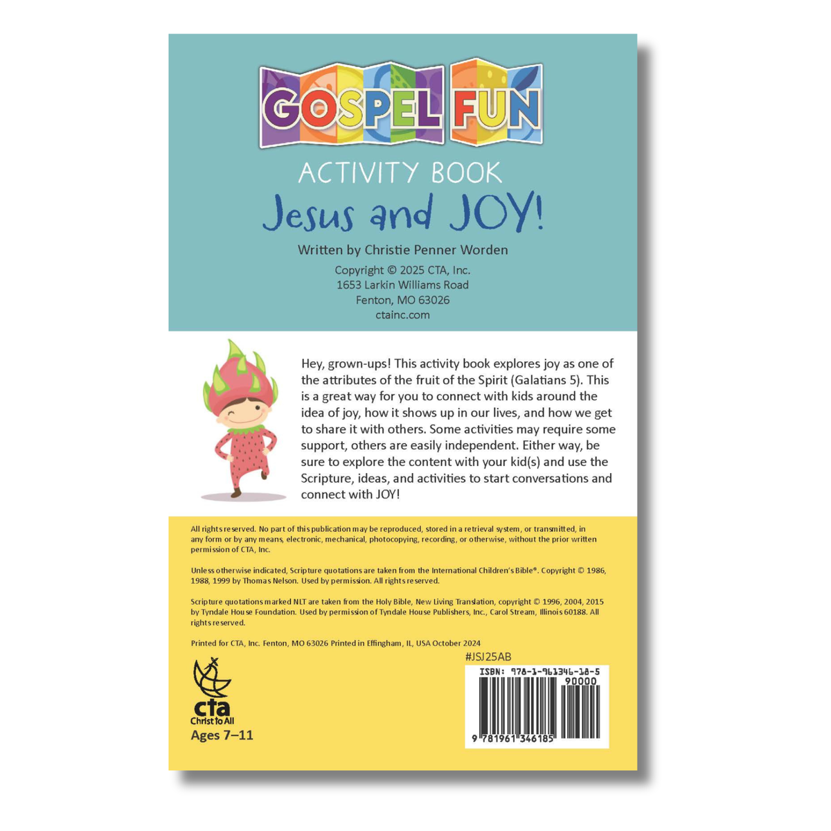Back cover of a Gospel Fun activity book titled 'Jesus and JOY!' with colorful text and a child illustration by CTA Christ to All & CTAKids.
