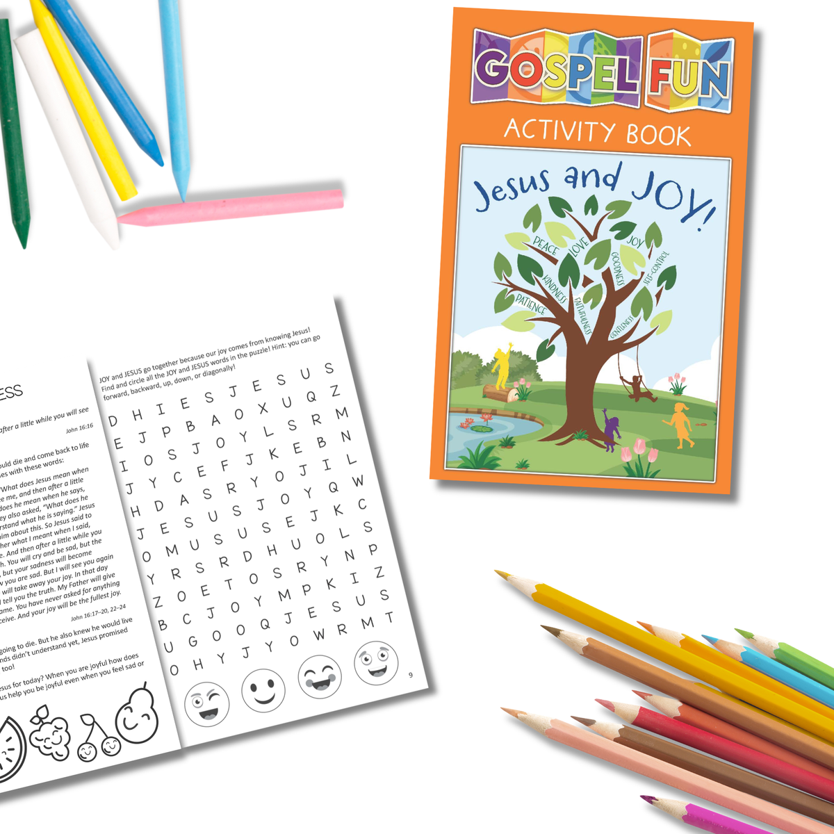 Gospel Fun activity book titled 'Jesus and Joy' with coloring pencils on a white background by CTA Christ to All & CTAKids.