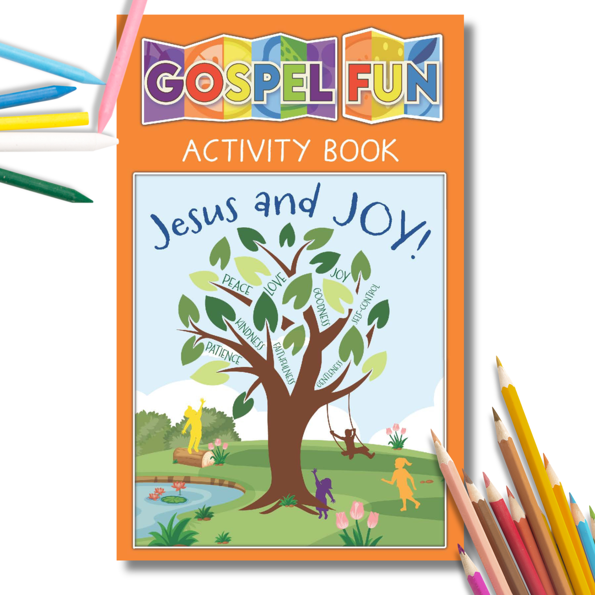 Gospel Fun Activity Book titled 'Jesus and Joy' with colorful pencils around it by CTA Christ to All & CTAKids.
