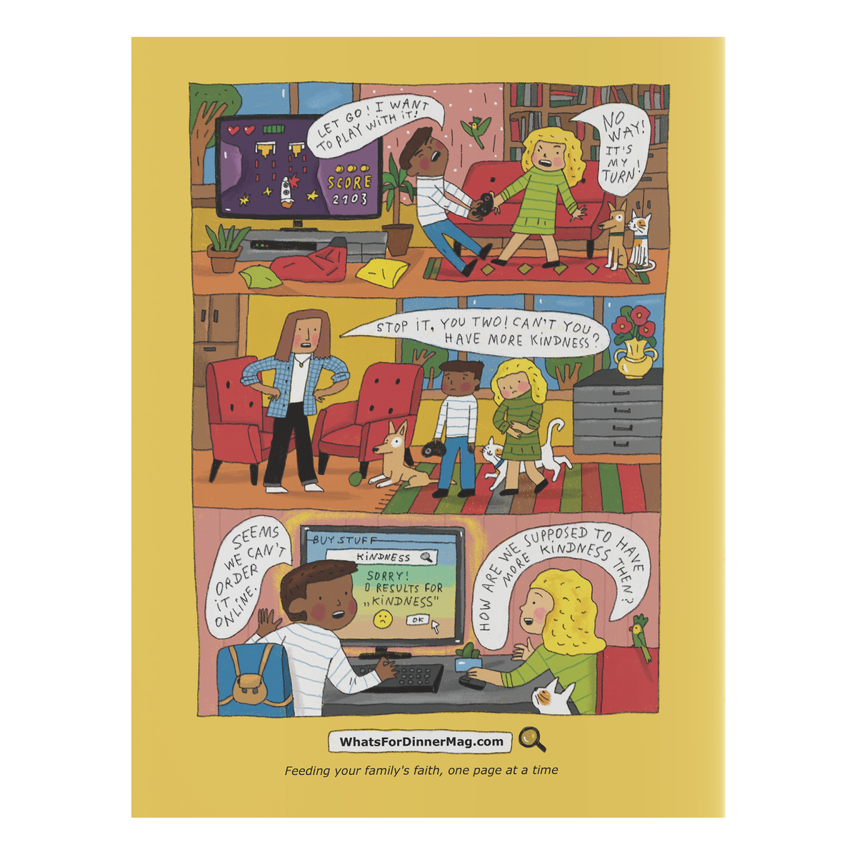 Back cover of a family magazine titled "What's for Dinner?" with a bright yellow background and a colorful cartoon illustration by CTA Christ to All and CTAKids.