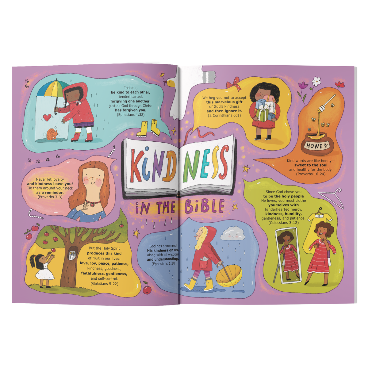 An open children's Bible or book spread on a white background, featuring a colorful 'Kindness in the Bible' title page with illustrated scenes and Bible verses around it by CTA Christ to All and CTAKids.