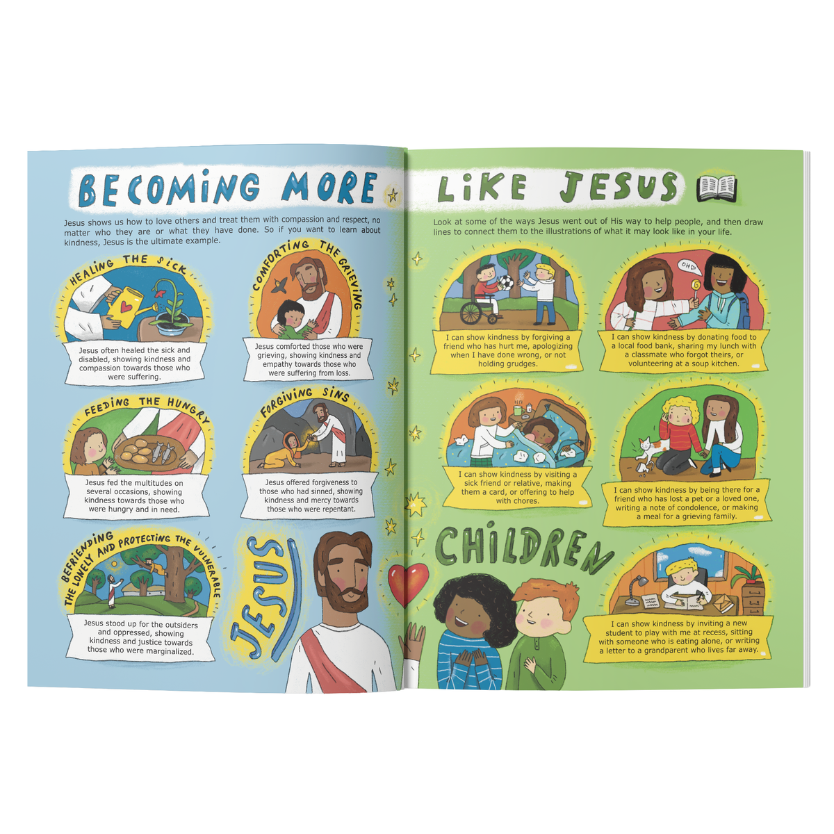 An open children's activity book spread with illustrated pages titled 'Becoming More' and 'Like Jesus,' showing colorful panels with icons, text, and cartoon characters on a white background by CTA Christ to All and CTAKids.