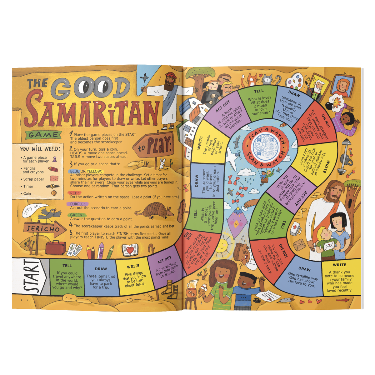 An open illustrated board game booklet titled "The Good Samaritan Game," showing a colorful circular playboard with cartoon characters, icons, and rules printed on the left page by CTA Christ to All and CTAKids.