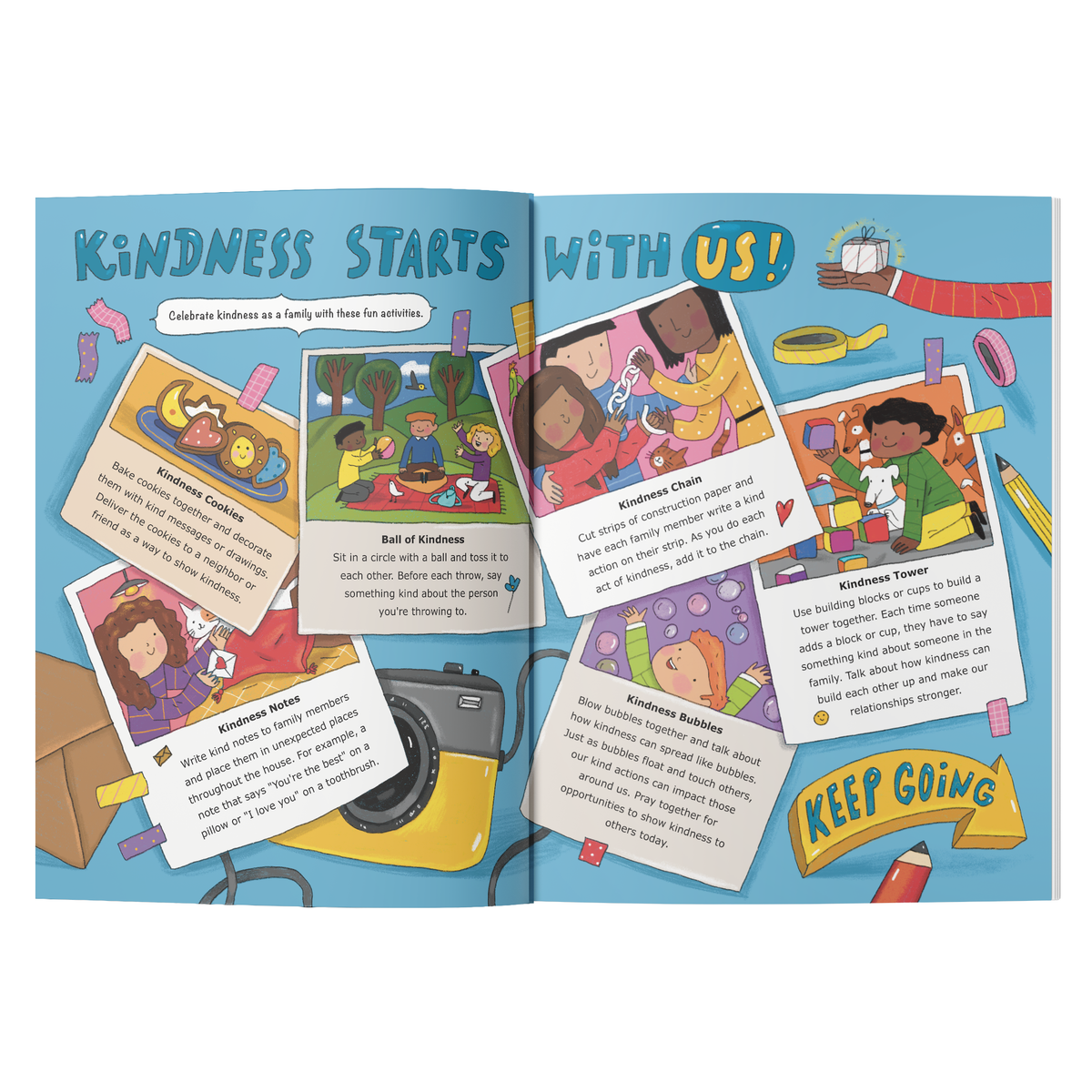 An open children's activity book spread titled 'Kindness Starts With Us!' showing illustrated pages with activity cards, photos, and text about kindness. The pages are bright blue with colorful drawings and white card-like inserts by CTA Christ to All and CTAKids.