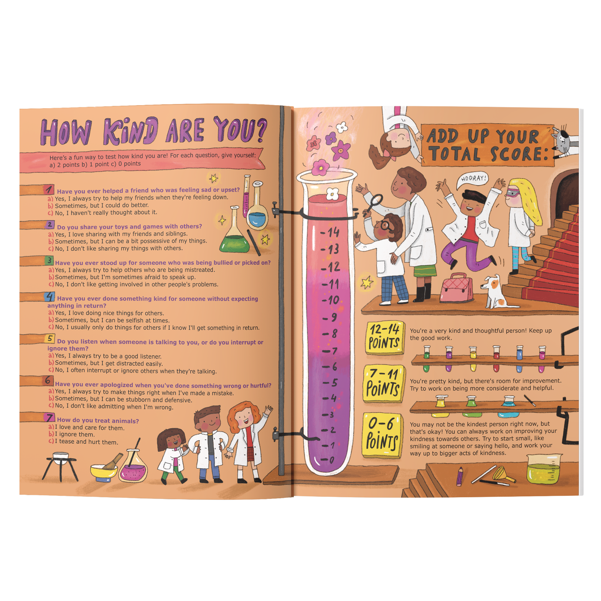 An open children's activity book spread showing a personality test titled 'HOW KIND ARE YOU?' with illustrated characters, a large measuring cup graphic, and scoring instructions on both pages by CTA Christ to All and CTAKids.