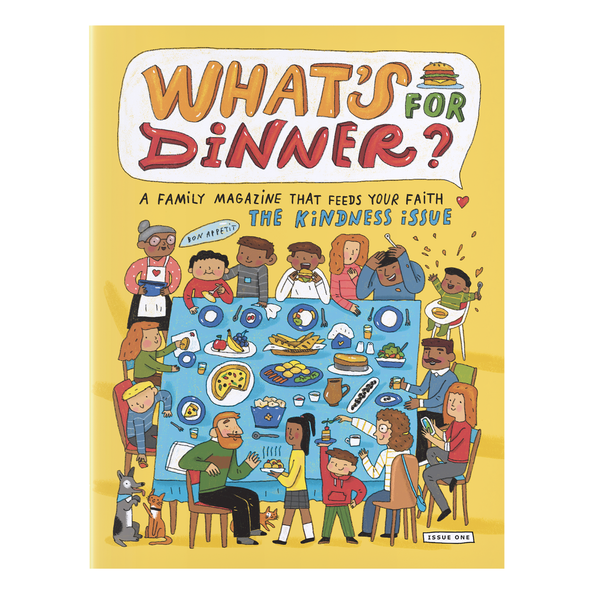 Front cover of a family magazine titled "What's for Dinner?" with a bright yellow background and a colorful cartoon illustration of a family mealtable scene. The cover text reads "A Family Magazine That Feeds Your Faith" and "The Kindness Issue by CTA Christ to All & CTAKids.