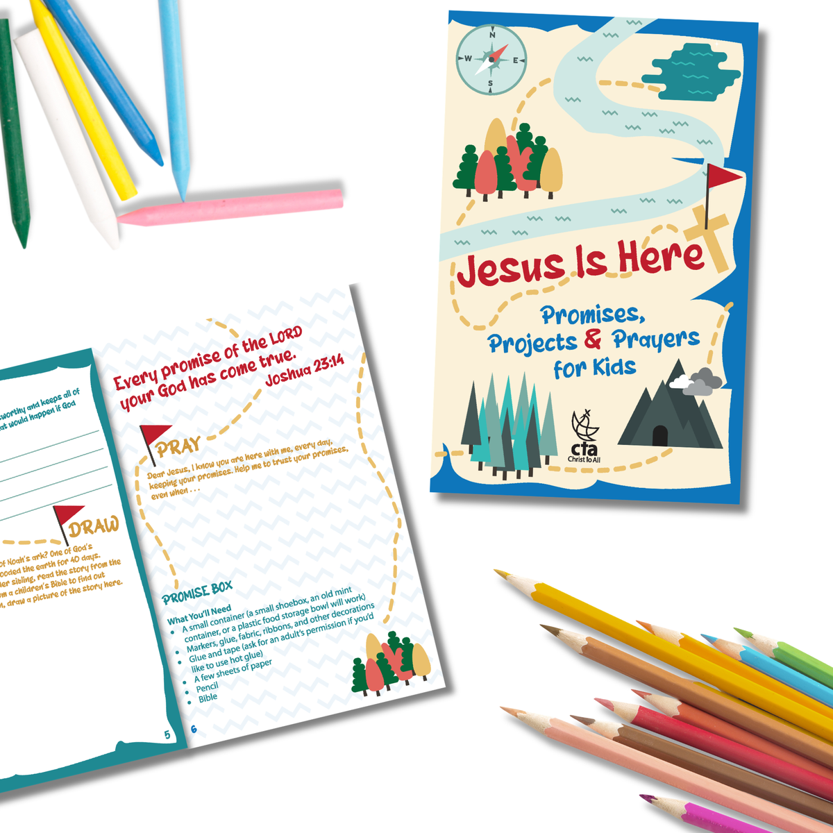 Children's activity book titled 'Jesus Is Here' with coloring pencils on a white background by CTA Christ to All and CTAKids.
