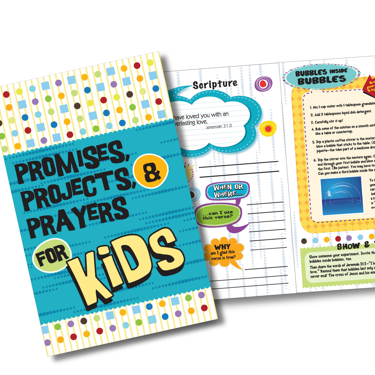 Children's activity book titled 'Promises, Projects & Prayers for Kids' with colorful design and open page showing text by CTA Christ to All & CTAKids.