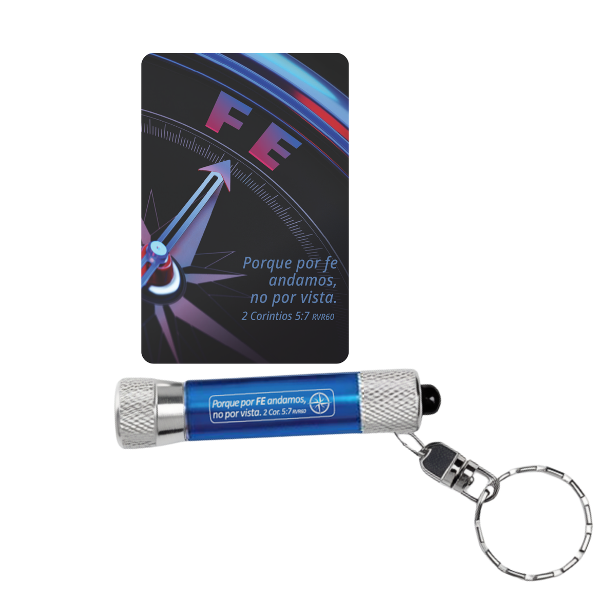 A blue and silver keychain flashlight shown below its black rectangular card packaging, which features a stylized compass graphic and the Spanish text 'Porque por fe andamos, no por vista 2 Corintios 5:7 invoco'. The keychain has a blue body, silver knurled ends, a black lens, and a silver metal key ring by CTA Christ to All & CTA Gifts.