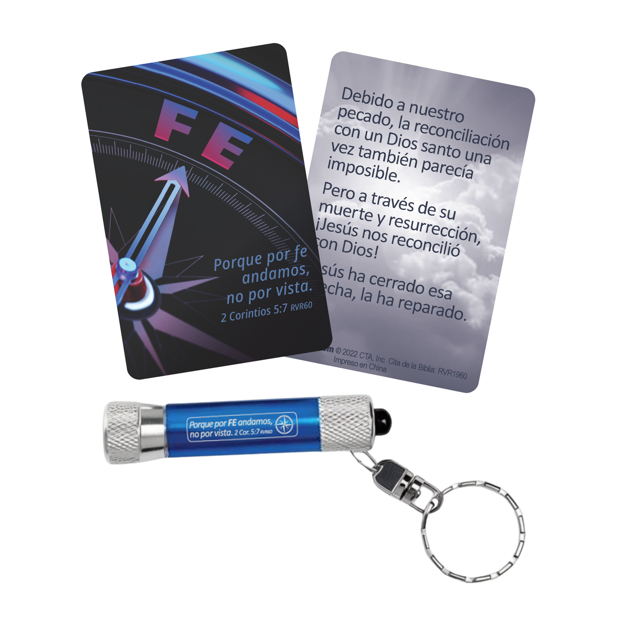 A religious reconciliation card set with a small blue and silver keychain flashlight. The set includes two cards: one showing a black background with a compass design and the letter 'FE', and another in Spanish explaining reconciliation through faith, resurrection, and forgiveness by CTA Christ to All & CTA Gifts.