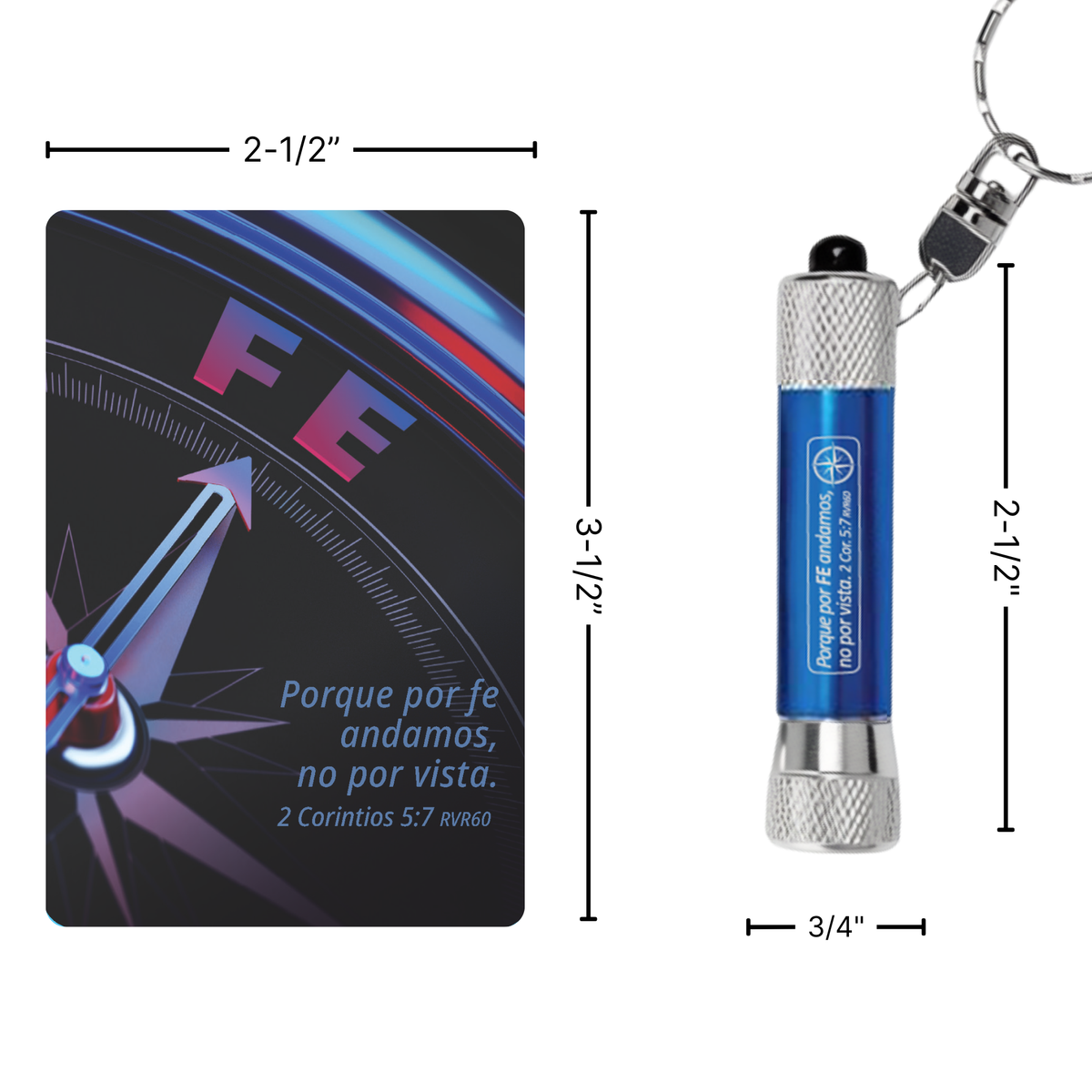 A blue and silver pocket flashlight keychain shown next to a compass card, with dimension labels indicating the product size and the compass card size by CTA Christ to All and CTA Gifts.