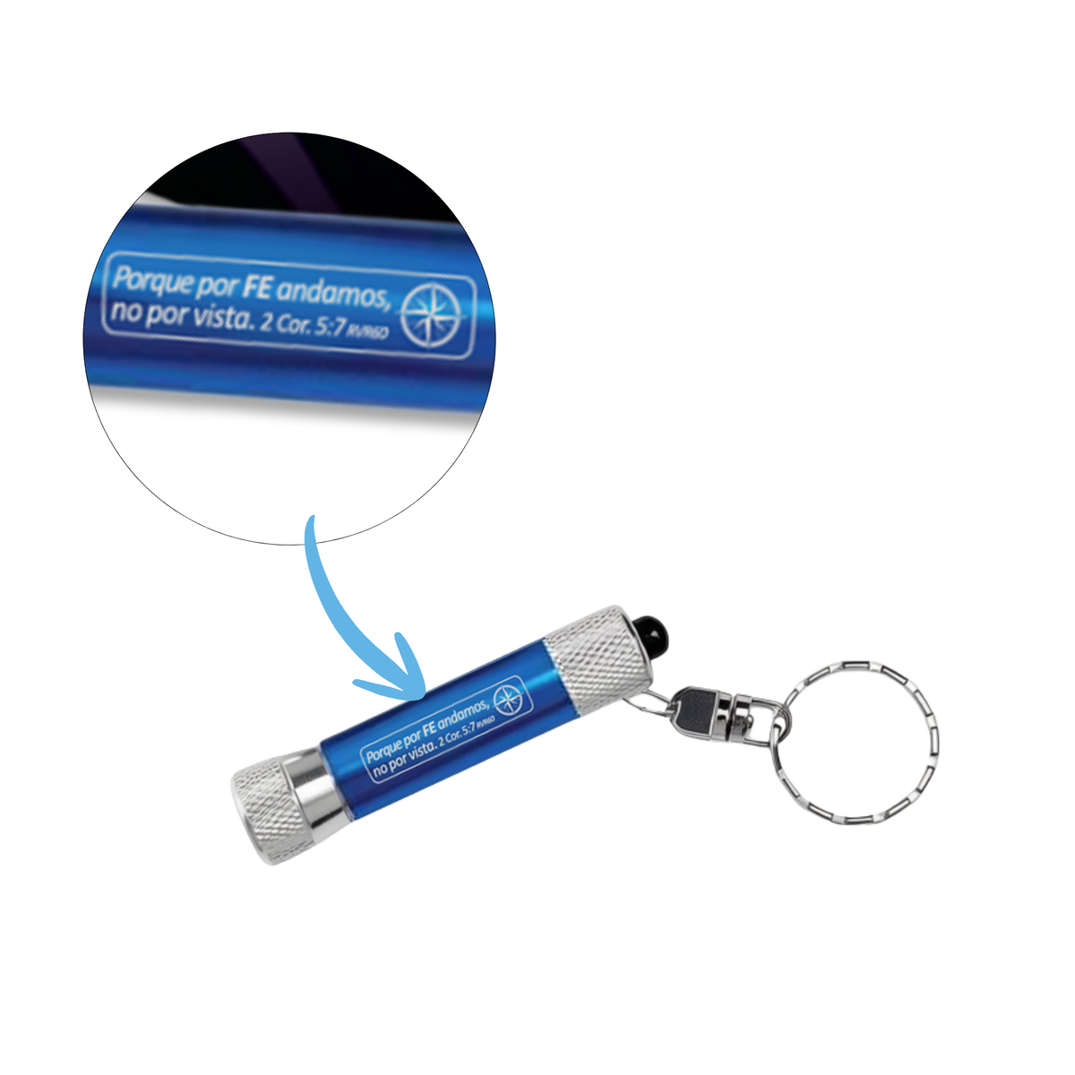 A blue and silver emergency flare keychain with a metal split ring, shown on a white background with a circular zoom-in detail of the printed Spanish text by CTA Christ to All and CTA Gifts.