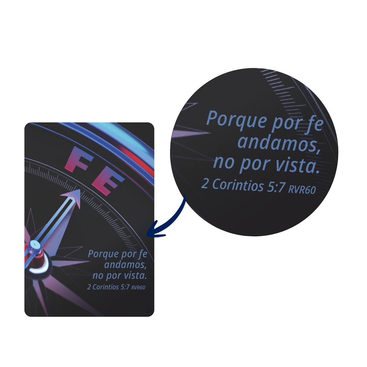 A black rectangular card or coaster with a compass graphic and Spanish text reading 'Porque por fe andamos, no por vista. 2 Corintios 5:7 RVR60', shown next to a circular close-up of the same design on a white background by CTA Christ to All and CTA Gifts.