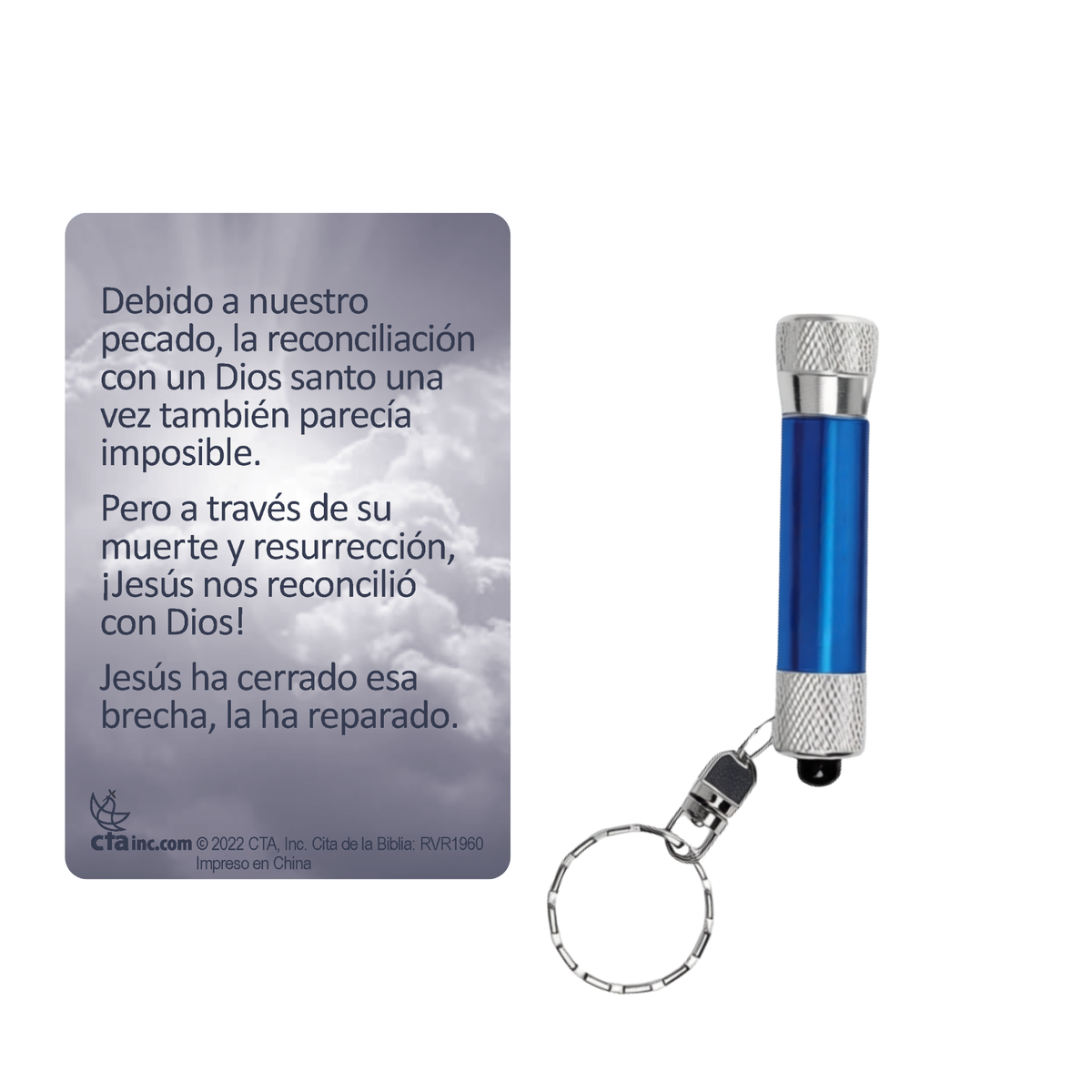 A religious keychain set featuring a blue and silver metal prayer stick with a key ring, alongside a matching rectangular card with Spanish text about reconciliation with God, on a plain white background by CTA Christ to All and CTA Gifts.