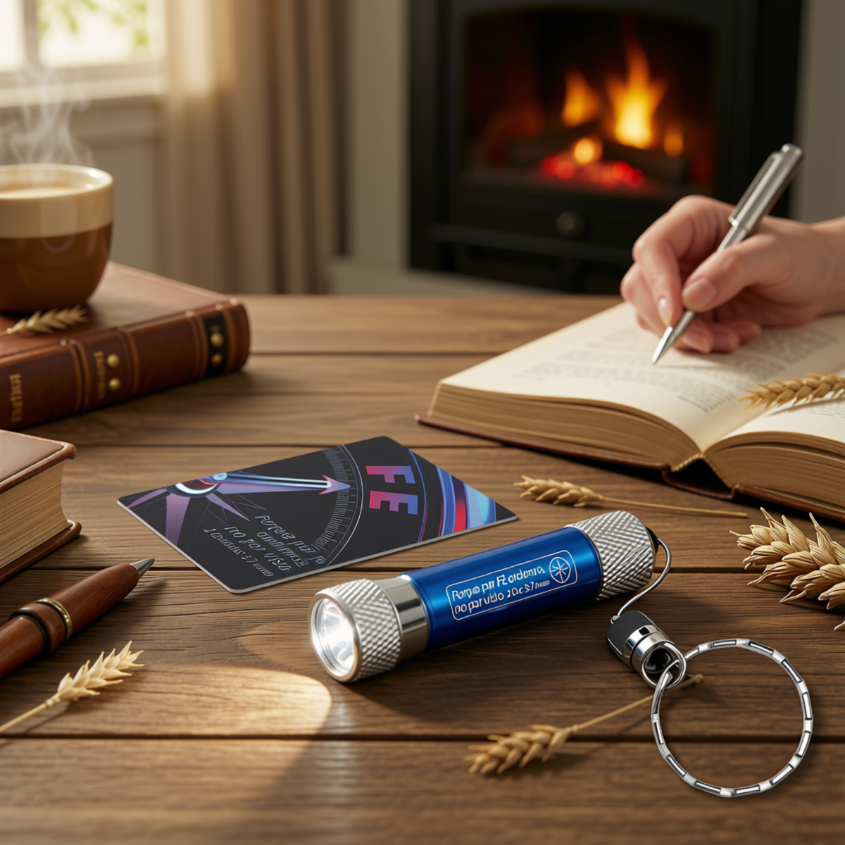 A blue and silver personal safety keychain device with a flashlight lies on a wooden table in a cozy indoor setting. A hand holding a pen is visible writing in an open book, with a fireplace in the background, books, a cup, and decorative wheat stems around the scene by CTA Christ to All and CTA Gifts.