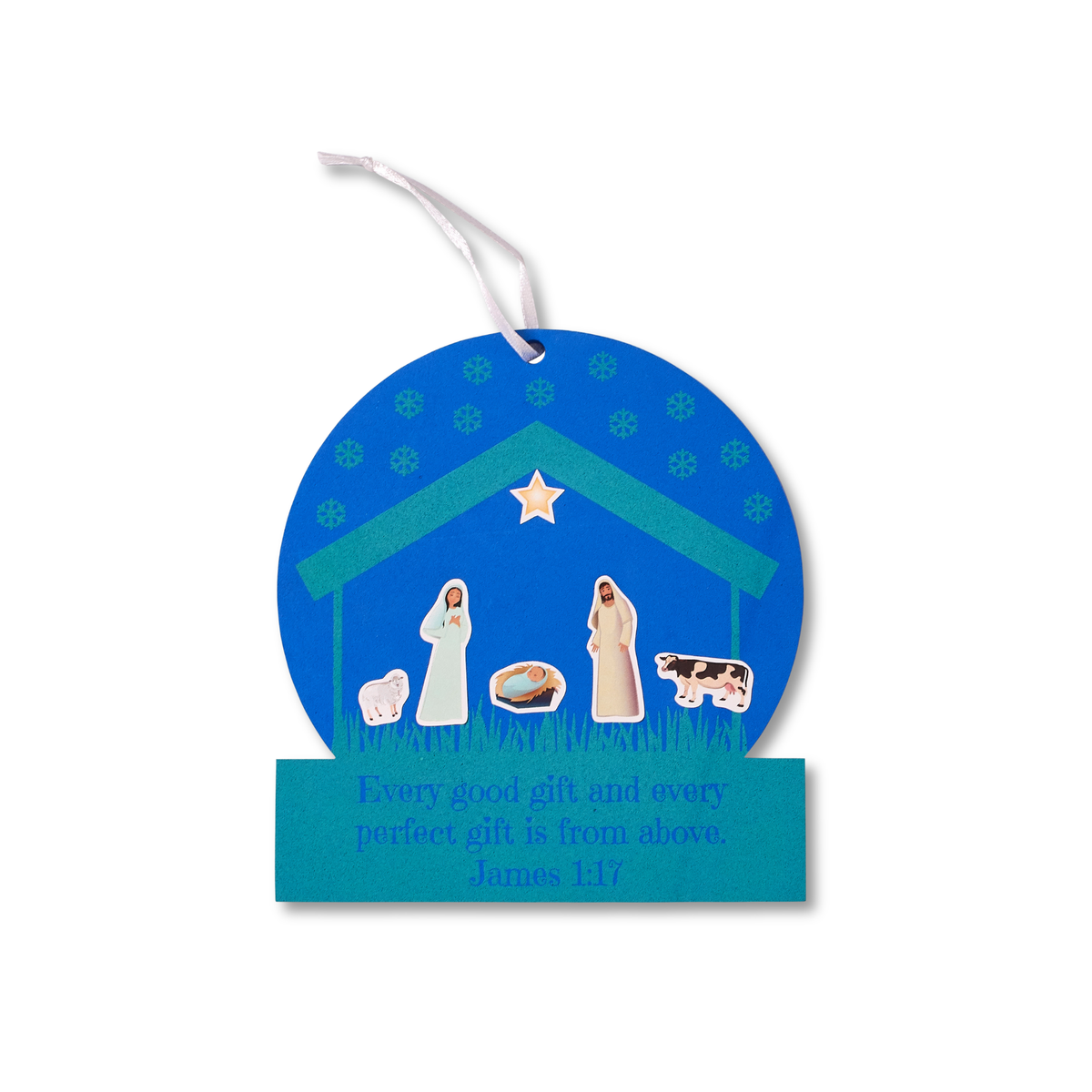Blue Christmas ornament featuring a nativity scene with Mary, Joseph, and baby Jesus, a meaningful holiday decoration for Christmas trees, seasonal displays, or Christian gifts by CTA Christ to All and CTAKids.