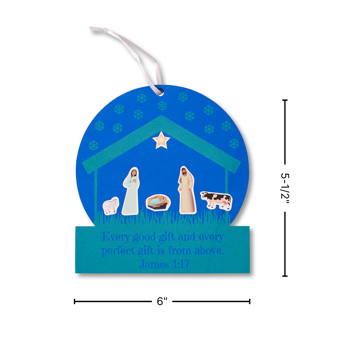 Blue Christmas ornament featuring a nativity scene with Mary, Joseph, and baby Jesus, shown with size labels “6” and “5-1/2”, suitable for Christian holiday décor, Christmas tree displays, and seasonal gifting by CTA Christ to All and CTAKids.