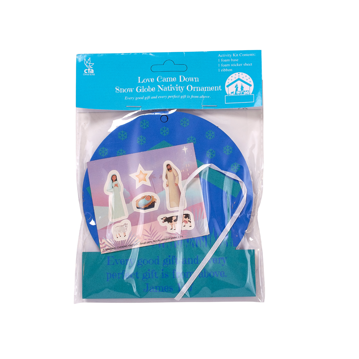 Blue and white paper plate featuring a nativity scene with Mary, Joseph, and baby Jesus, ideal for Christian holiday décor, Christmas displays, Sunday school crafts, or seasonal gifting by CTA Christ to All and CTAKids.