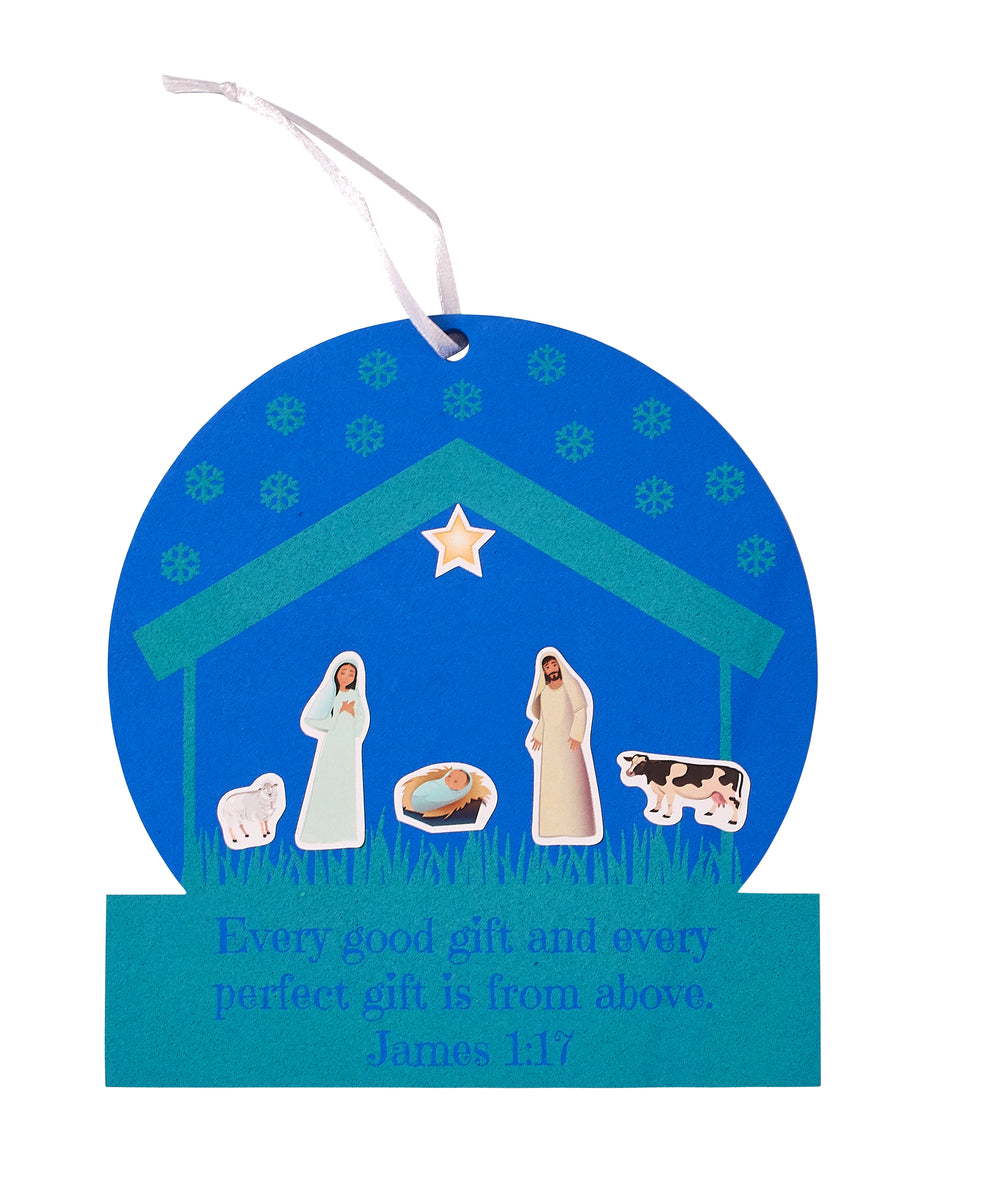 Fun and easy snow globe manger craft for kids of all ages, featuring a foam base, story stickers, and ribbon for hanging—a creative keepsake from church activities
615122-16977-3