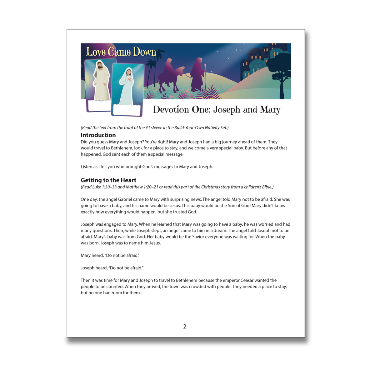 Advent devotion page titled “Joseph and Mary,” featuring an illustration of Mary and Joseph traveling to Bethlehem at night. The devotion recounts the angel’s messages to Mary and Joseph and their journey before Jesus’ birth by CTA Christ to All and CTAKids.