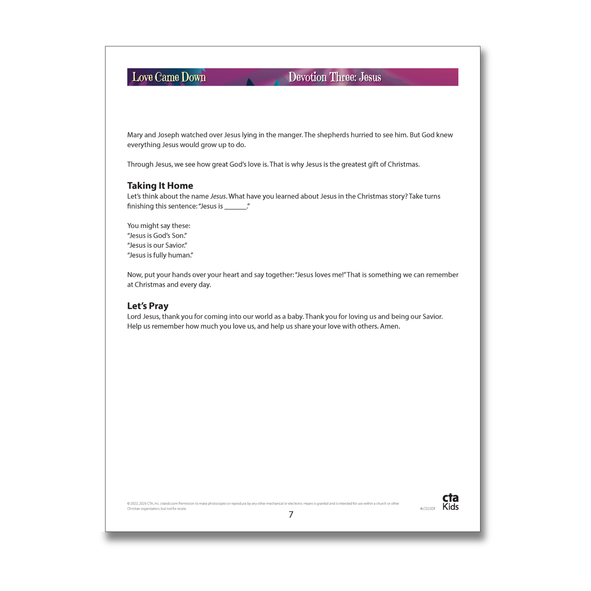A printed worksheet page titled 'Love Came Down' and 'Dividing Three Jesus' with short text, activity prompts, and a prayer, shown on a white background with a faint drop shadow. The CTA Kids logo appears at the bottom right by CTA Christ to All and CTAKids.