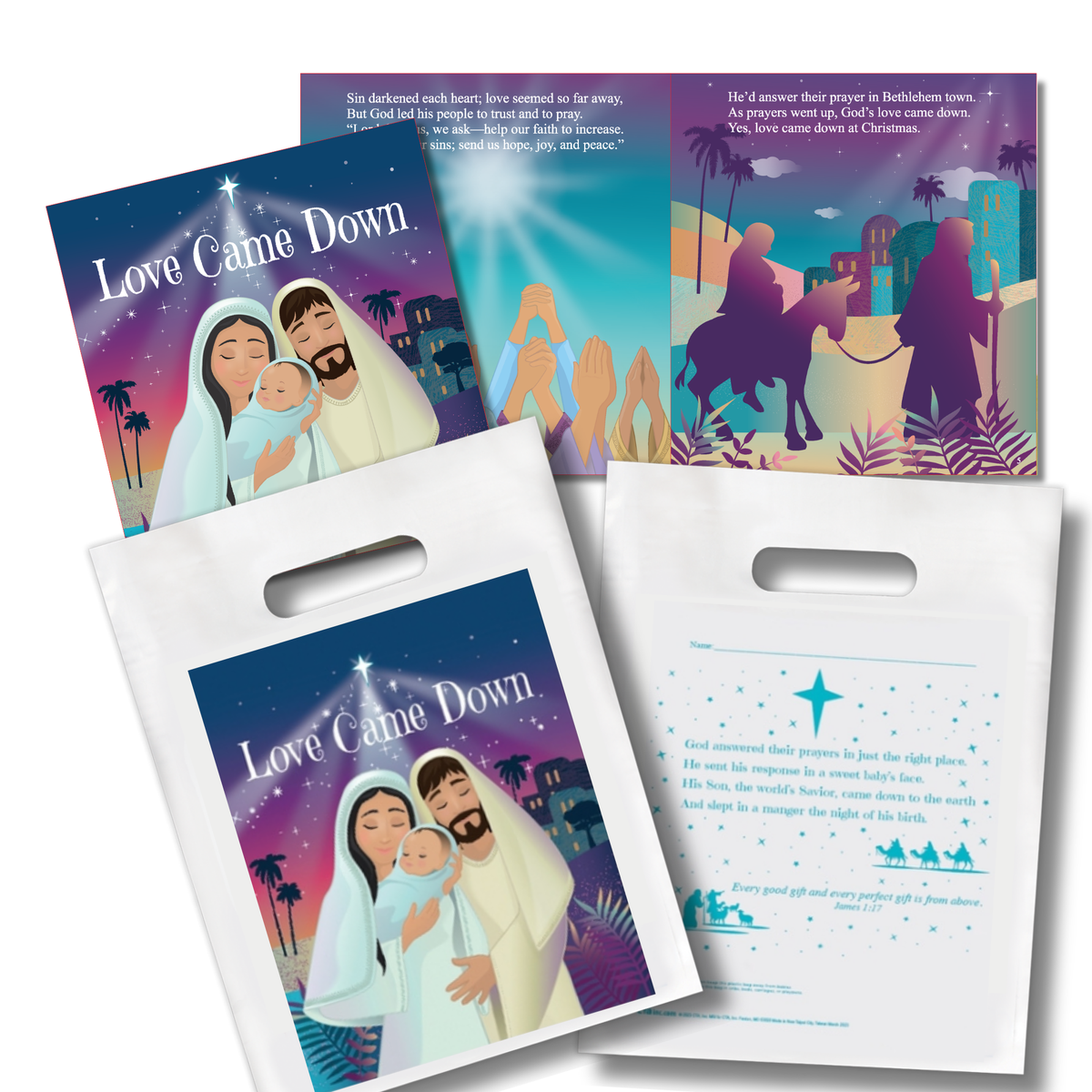 A set of printed gift bags and a matching card featuring a colorful illustration of the Holy Family with text from Psalm 100. The bags are white with die-cut handles and printed with the same night-sky scene, while the card shows the front and back designs by CTA Christ to All & CTAKids.