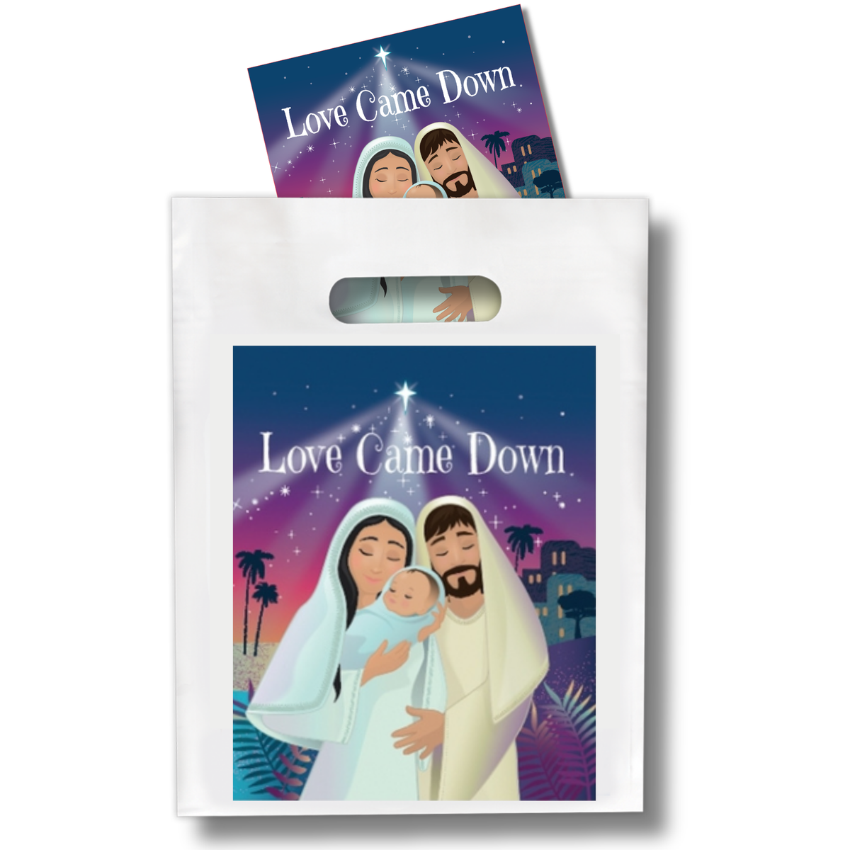 Product display featuring a white handled gift bag with a printed “Love Came Down” cover illustration. The artwork shows a nativity scene beneath a bright star and night sky, with a matching booklet partially inserted into the bag and visible above the opening. The coordinated bag-and-booklet presentation is shown against a light gray background by CTA Christ to All and CTAKids.
