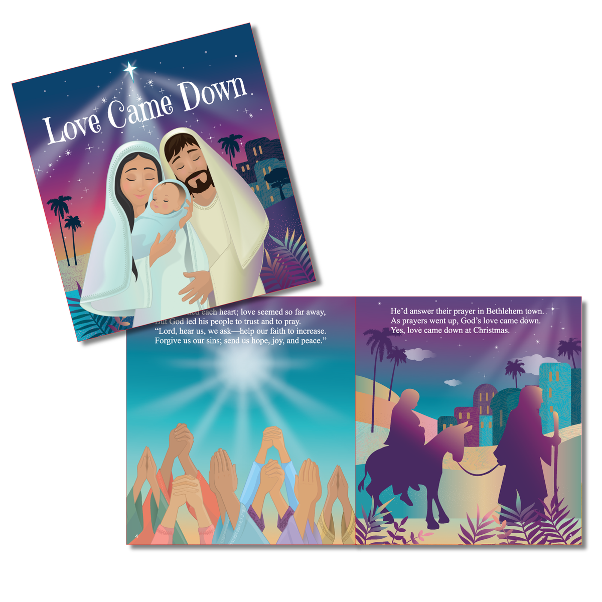 Open-view product image of the “Love Came Down” booklet. The cover features a nativity illustration beneath a bright star and the title “Love Came Down.” An interior two-page spread is displayed below, showing devotional text, raised hands in prayer beneath radiant light on one page, and a nighttime Bethlehem scene with silhouettes, palm trees, and buildings on the other. Shown against a light gray background by CTA Christ to All and CTAKids.