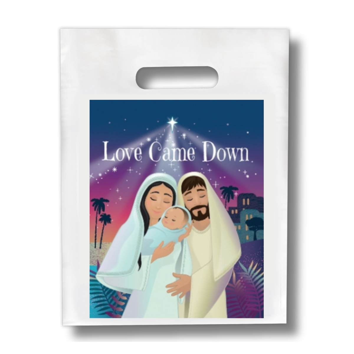 White gift bag with a Christmas design featuring Mary, Joseph, and baby Jesus, with 'Love Came Down' text by CTA Christ to All & CTAKids.