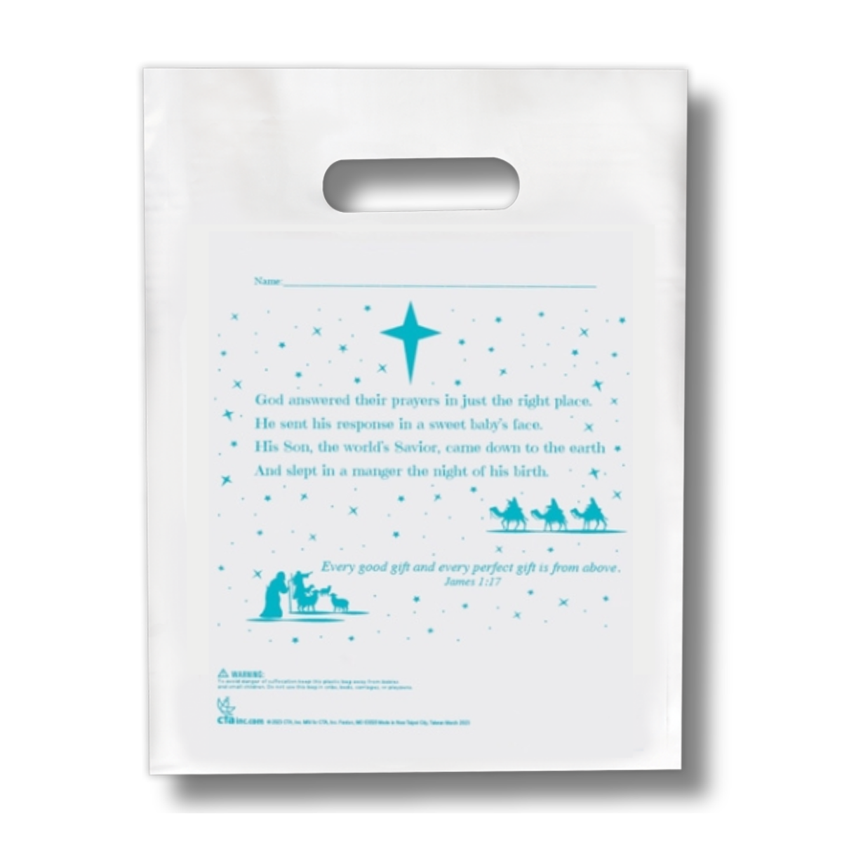 White gift bag with blue Christmas design and text on a white background by CTA Christ to All & CTAKids.