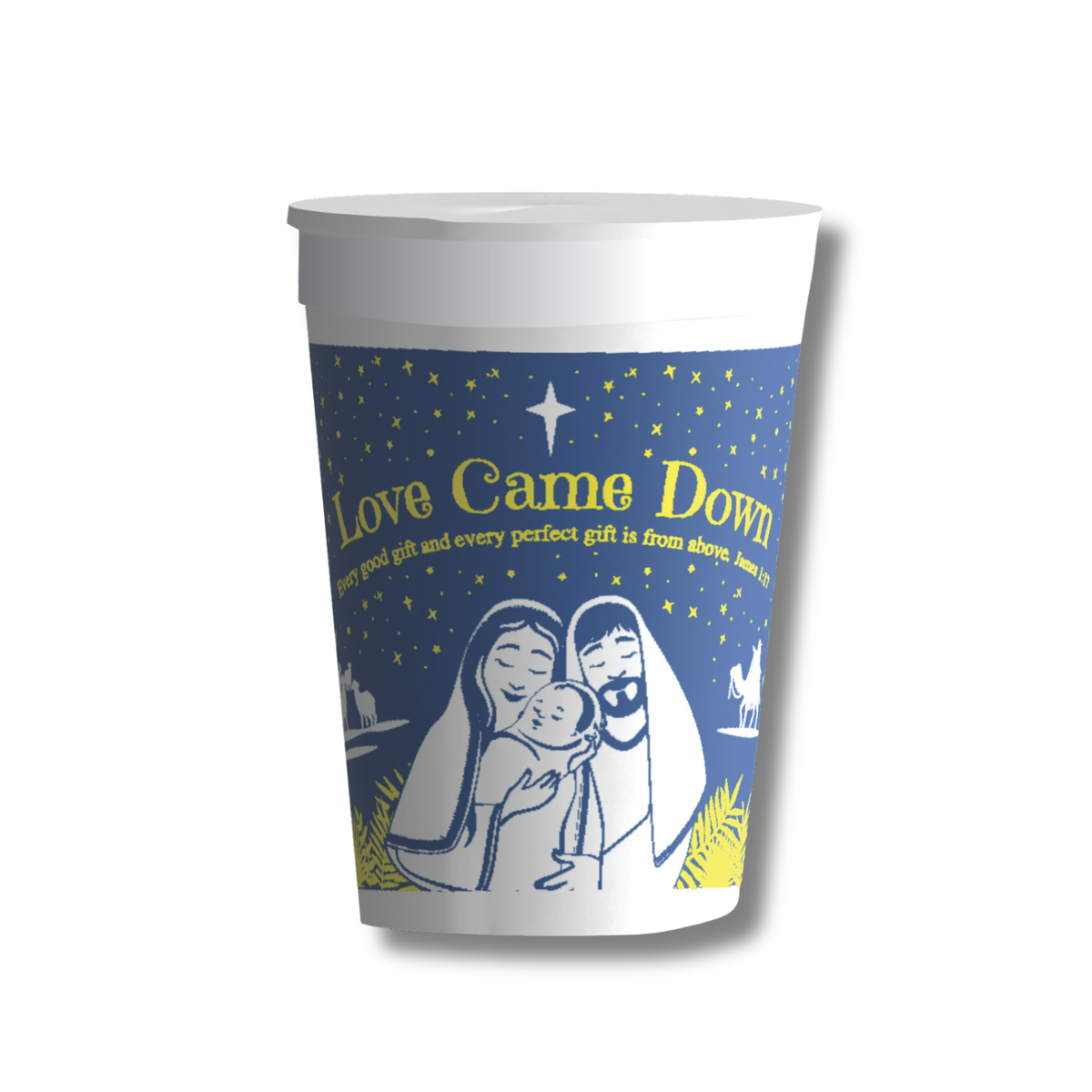 Reusable Christmas cup featuring the “Love Came Down” design with a nativity illustration of Mary, Joseph, and baby Jesus beneath a star-filled night sky. The blue cup includes gold and white artwork inspired by James 1:17 and is shown individually to highlight the seasonal design. Ideal for church Christmas events, holiday gatherings, fellowship meals, nativity-themed celebrations, and ministry outreach by CTA Christ to All and CTAKids.