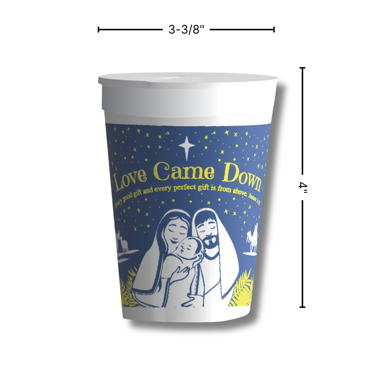 Christmas cup measuring 4 inches tall and 3⅜ inches wide, featuring the “Love Came Down” nativity design with Mary, Joseph, and baby Jesus beneath a star-filled night sky. The image highlights the cup’s dimensions while showcasing the blue, white, and gold artwork inspired by James 1:17. Ideal for church Christmas events, holiday gatherings, fellowship meals, and seasonal ministry outreach by CTA Christ to All and CTAKids.
