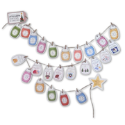 Tiny Truths Little Lights Countdown to Christmas activity set displayed as a festive garland of numbered lantern-shaped tags strung on twine. Each tag reveals a daily Christmas activity, craft, or faith-filled family moment leading up to Christmas. A fun, interactive way for families to celebrate the season and share the story of Jesus together by CTA Christ to All and CTAKids.