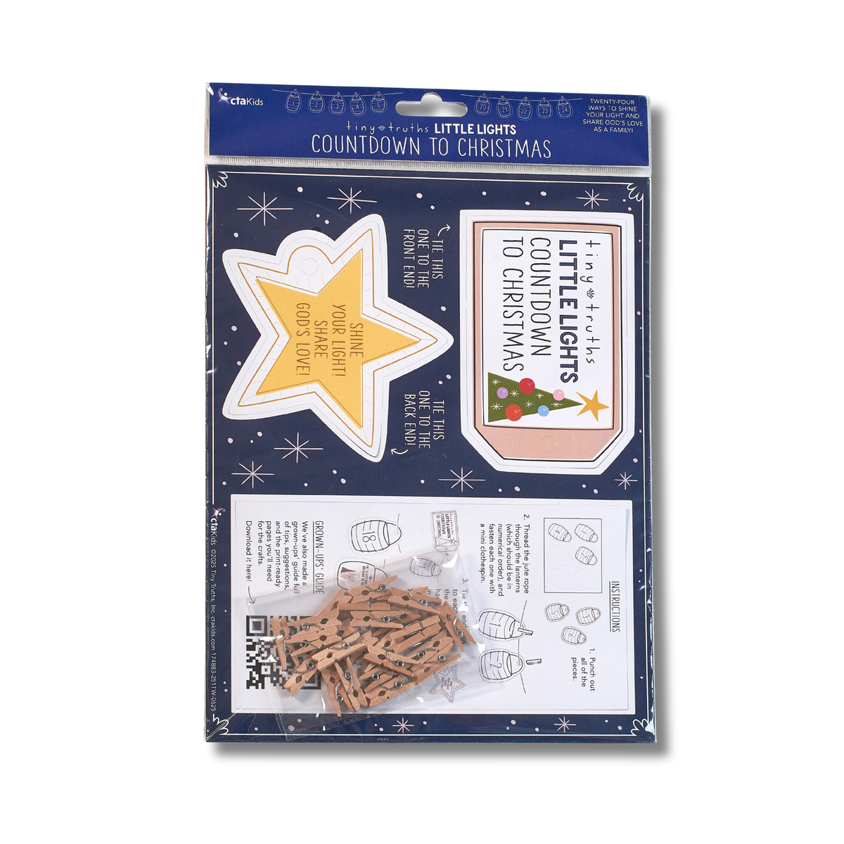 Countdown to Christmas family activity set with 25 numbered cardstock cards, jute twine, and mini clothespins for daily December activities. Includes a digital Grown-Ups Guide to enhance the experience by CTA Christ to All and CTAKids.