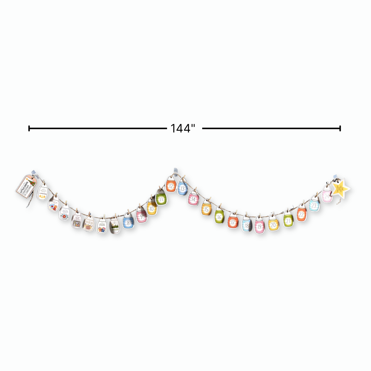Countdown to Christmas family activity set with 25 numbered cardstock cards, jute twine, and mini clothespins for daily December activities. Includes a digital Grown-Ups Guide to enhance the experience.
615122-17488-3