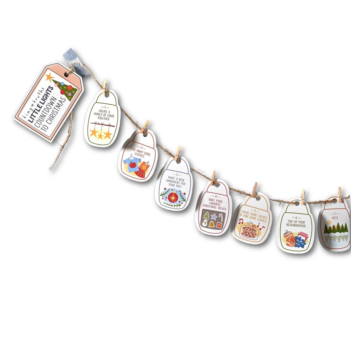 A Christmas-themed garland banner featuring seven small illustrated tags strung along a piece of twine, with a larger hanging tag on the left that reads 'I found 15 little lights to Christmas 10 Christmas.' The tags have colorful holiday illustrations and text, shown on a plain white background by CTA Christ to All and CTAKids.