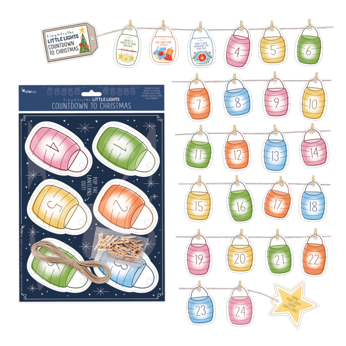 Little Lights Countdown to Christmas sticker kit shown both in its retail packaging and as a flat layout of the individual stickers. The kit includes 24 numbered lantern-shaped stickers in pastel colors, a hanging string banner, a star tag, and a blue backing card by CTA Christ to All and CTAKids.