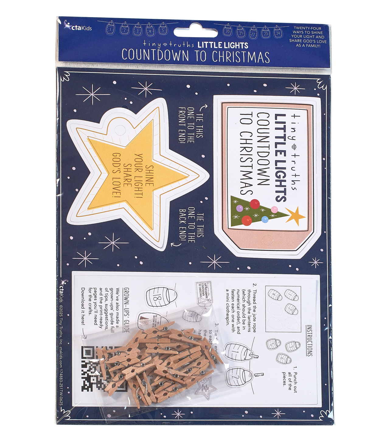 Countdown to Christmas family activity set with 25 numbered cardstock cards, jute twine, and mini clothespins for daily December activities. Includes a digital Grown-Ups Guide to enhance the experience.
615122-17488-3