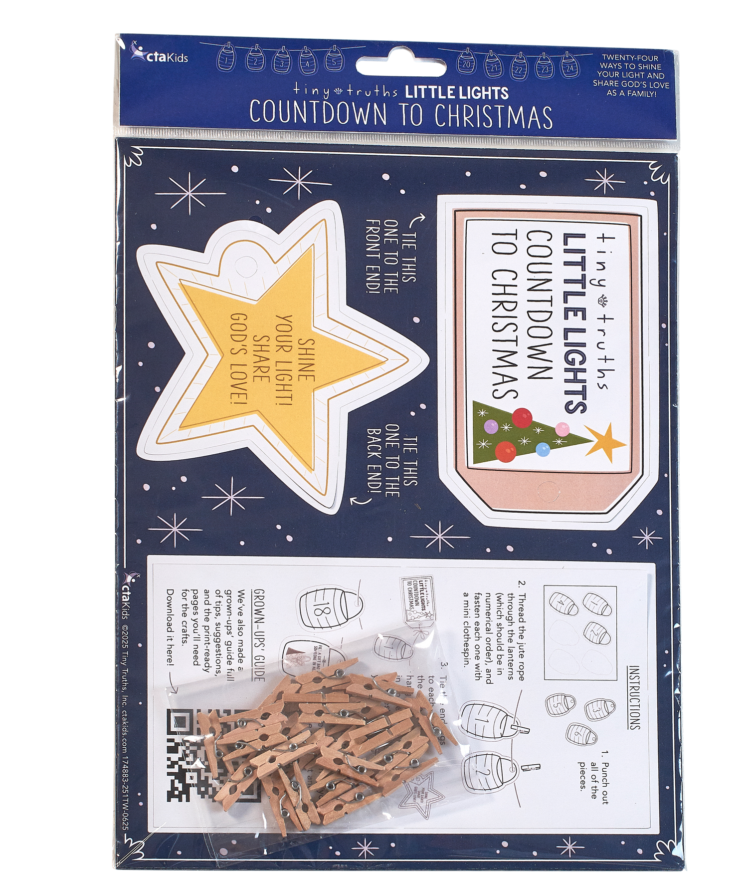 Countdown to Christmas family activity set with 25 numbered cardstock cards, jute twine, and mini clothespins for daily December activities. Includes a digital Grown-Ups Guide to enhance the experience.
615122-17488-3