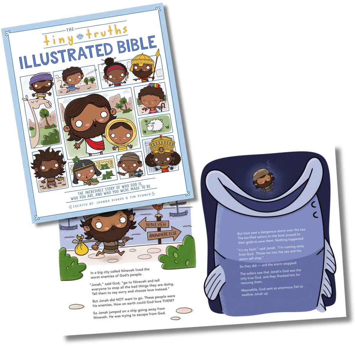 Illustrated Bible with cartoon characters and a blue pouch on a white background by CTA Christ to All & CTAKids.